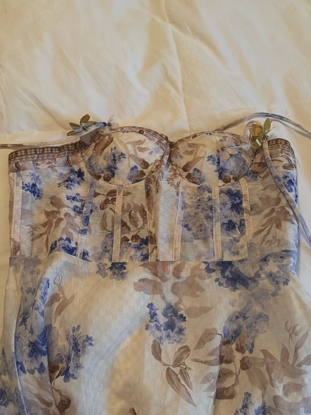 Designer-Style Floral Picnic Blue and Cream Midi Dress with Tie Straps